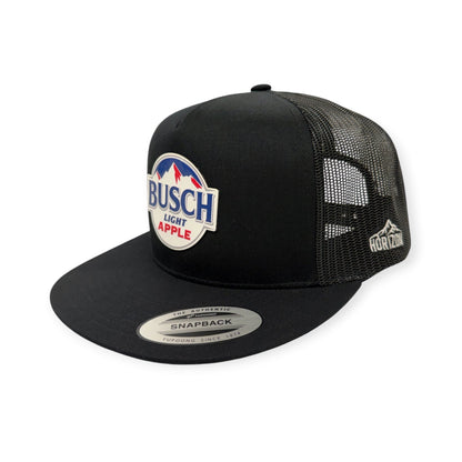 Angled view of Busch Apple Bapple cap by Horizon Hat Co. in Black Flat Bill with UV-printed patch showing busch apple bapple artwork, embroidered or uv-printed patch depending on the selected style