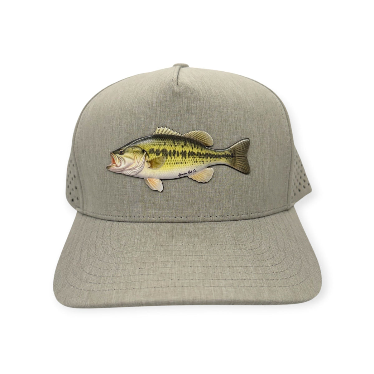 Front view of Largemouth Bass patch hat by Horizon Hat Co. in heather gray showing colorful uv-printed largemouth bass patch
