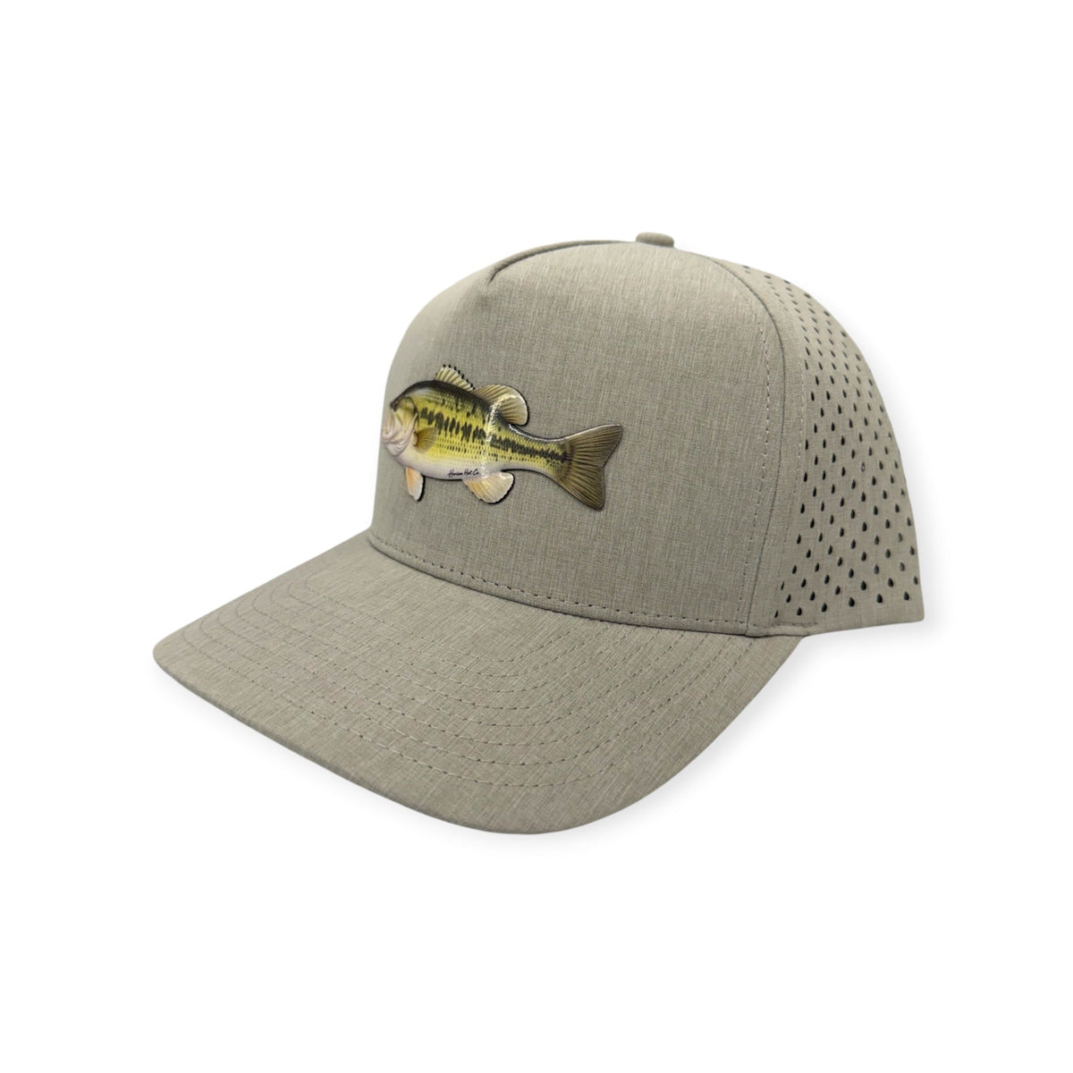 Angled view of Largemouth Bass patch hat by Horizon Hat Co. in heather gray showing the perforated side panels