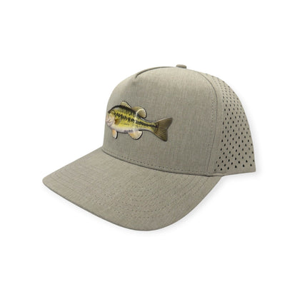 Angled view of Largemouth Bass patch hat by Horizon Hat Co. in heather gray showing the perforated side panels