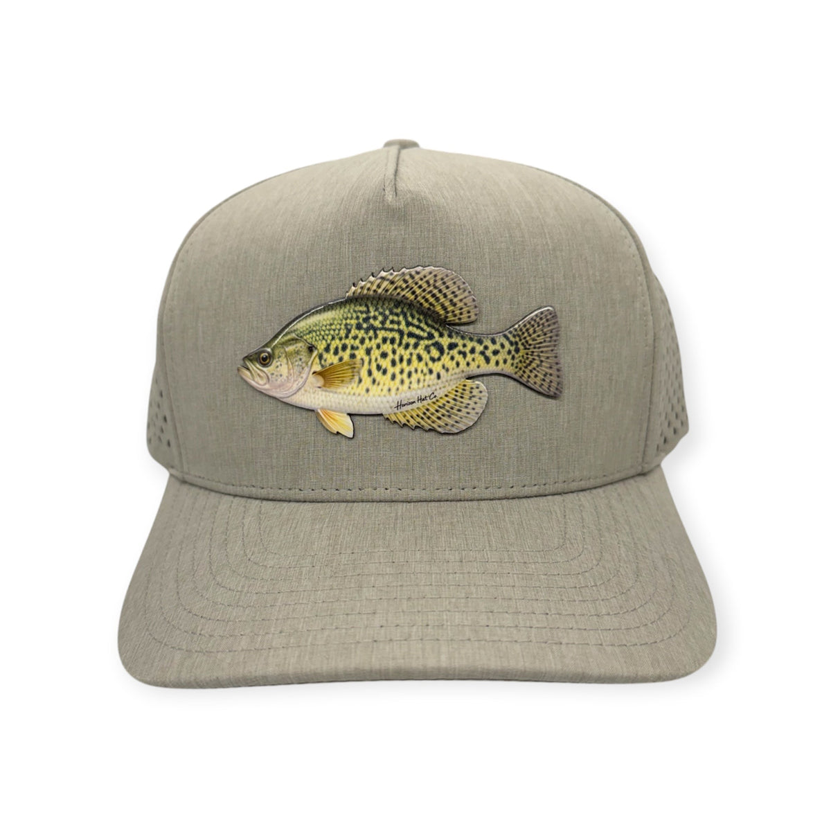 Front view of Crappie patch hat by Horizon Hat Co. in heather gray showing uv-printed crappie patch