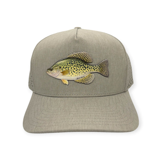 Front view of Crappie patch hat by Horizon Hat Co. in heather gray showing uv-printed crappie patch