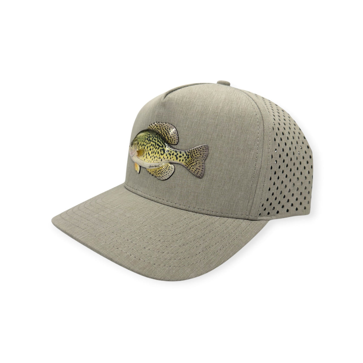 Angled view of Crappie patch hat by Horizon Hat Co. in heather gray showing the perforated side panels