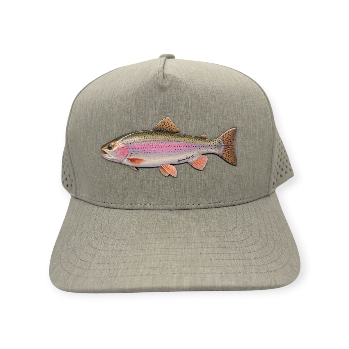 Front view of Rainbow Trout patch hat by Horizon Hat Co. in heather gray showing colorful uv-printed rainbow trout patch