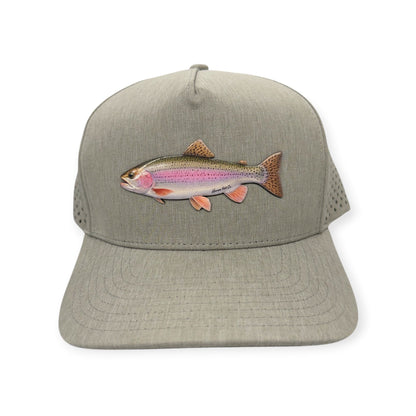 Front view of Rainbow Trout patch hat by Horizon Hat Co. in heather gray showing colorful uv-printed rainbow trout patch