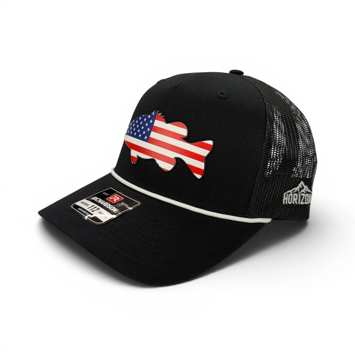 Angled view of the black Freedom Bass cap and its mesh panels