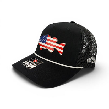 Angled view of the black Freedom Bass cap and its mesh panels