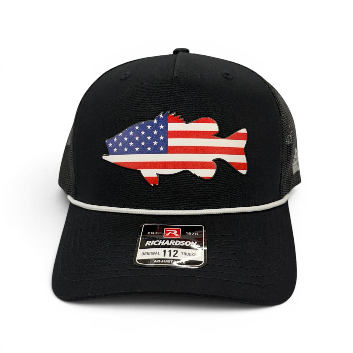 Black Freedom Bass rope cap with a red, white, and blue fish design