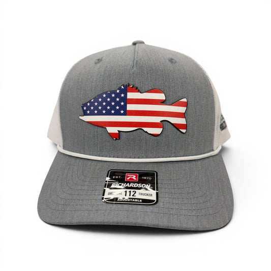 Gray Freedom Bass rope cap with an American flag fish design, front view