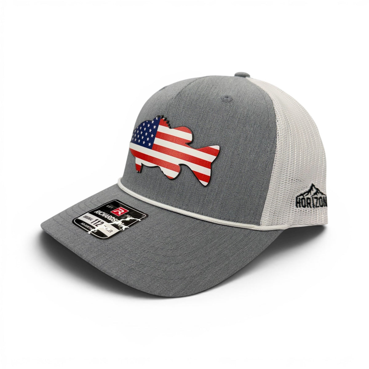 Angled view of the gray and white Freedom Bass cap showing the mesh back