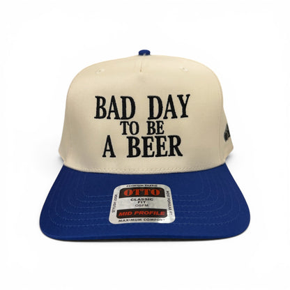 Natural and blue Bad Day to Be a Beer cap, front view