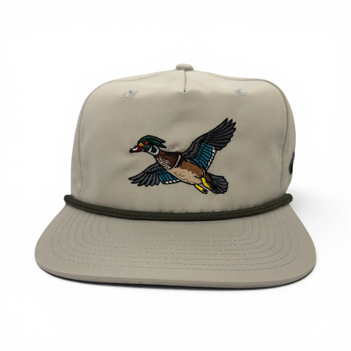 Horizon Hat Co. Wood Duck rope snapback in Ash with a colorful bird patch