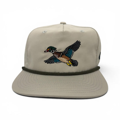 Horizon Hat Co. Wood Duck rope snapback in Ash with a colorful bird patch
