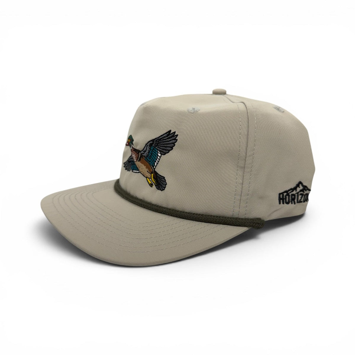 Angled side view of the Ash Wood Duck cap showing the black rope and side branding