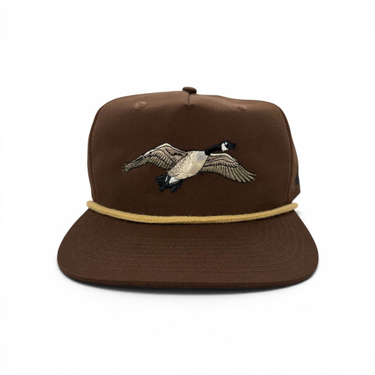 Front view of Canada Goose embroidered cap by Horizon Hat Co. in chocolate showing canada goose in flight embroidery