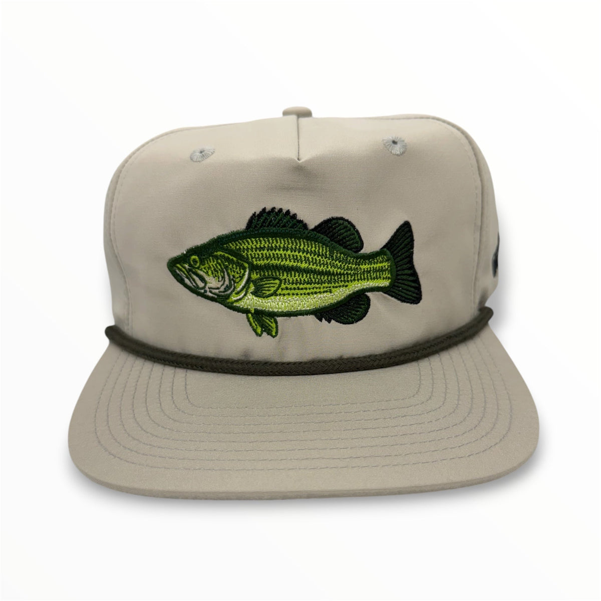 Front view of Largemouth Bass embroidered cap by Horizon Hat Co. in ash showing large embroidered bass artwork
