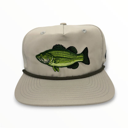 Front view of Largemouth Bass embroidered cap by Horizon Hat Co. in ash showing large embroidered bass artwork