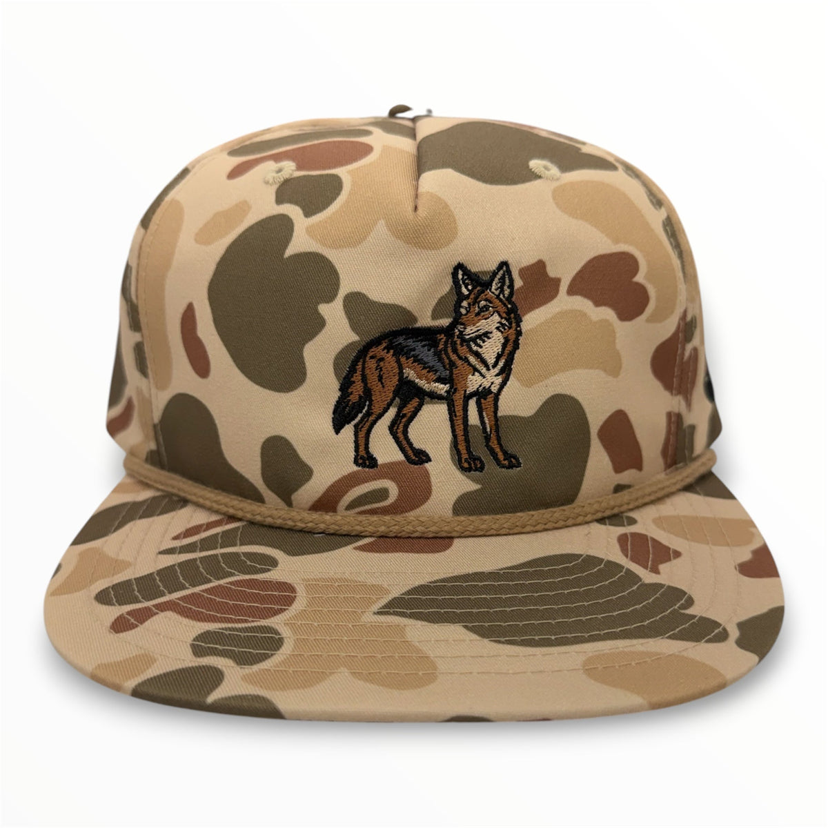Front view of Coyote embroidered cap by Horizon Hat Co. in harvest duck camo showing embroidered coyote artwork and rope detail