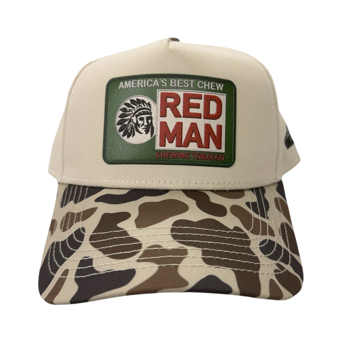 Front view of RED MAN patch hat by Horizon Hat Co. in slough/natural baseball cap showing vintage red man-inspired uv-printed front patch