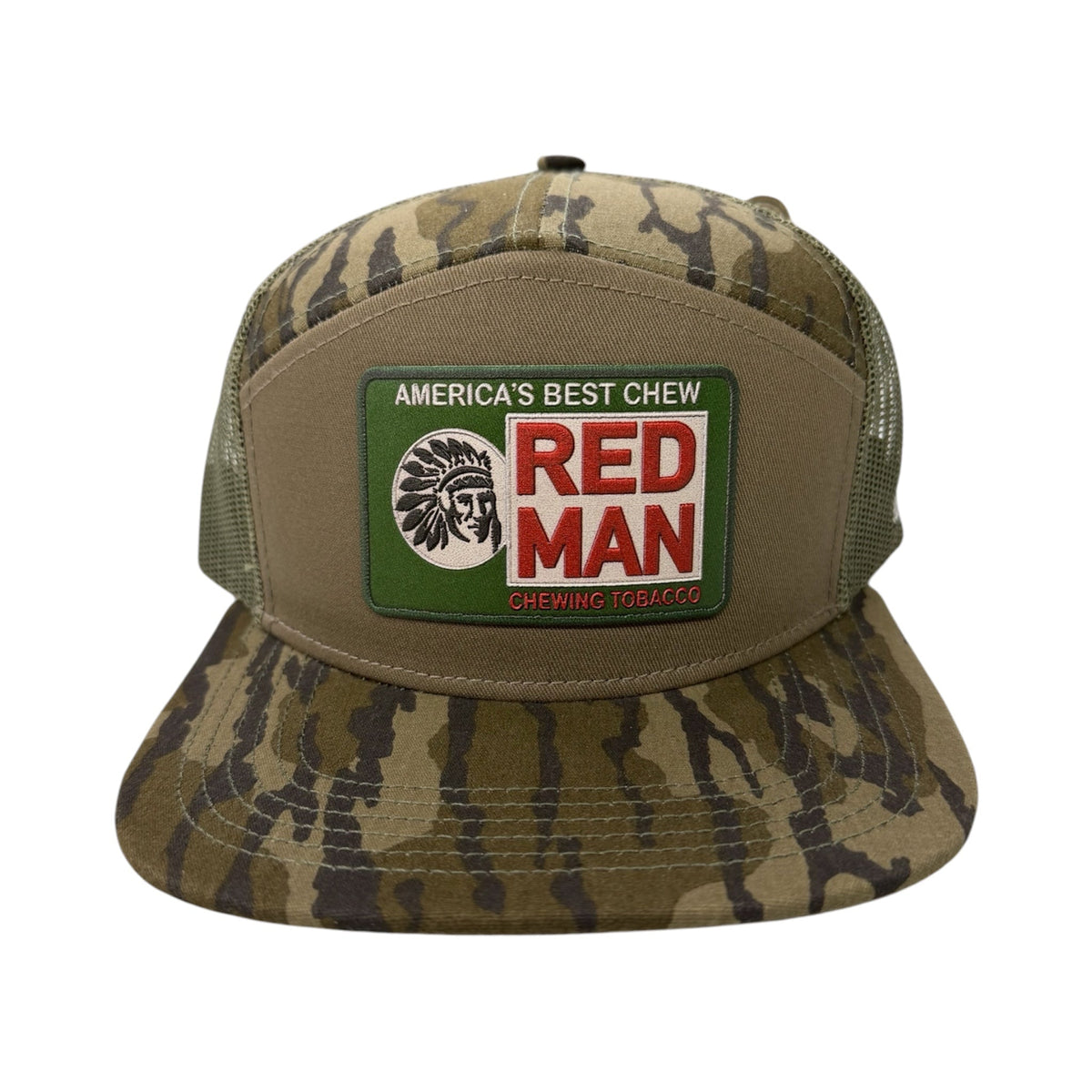 Front view of RED MAN patch hat by Horizon Hat Co. in bottomland 7 panel trucker showing vintage red man-inspired uv-printed front patch