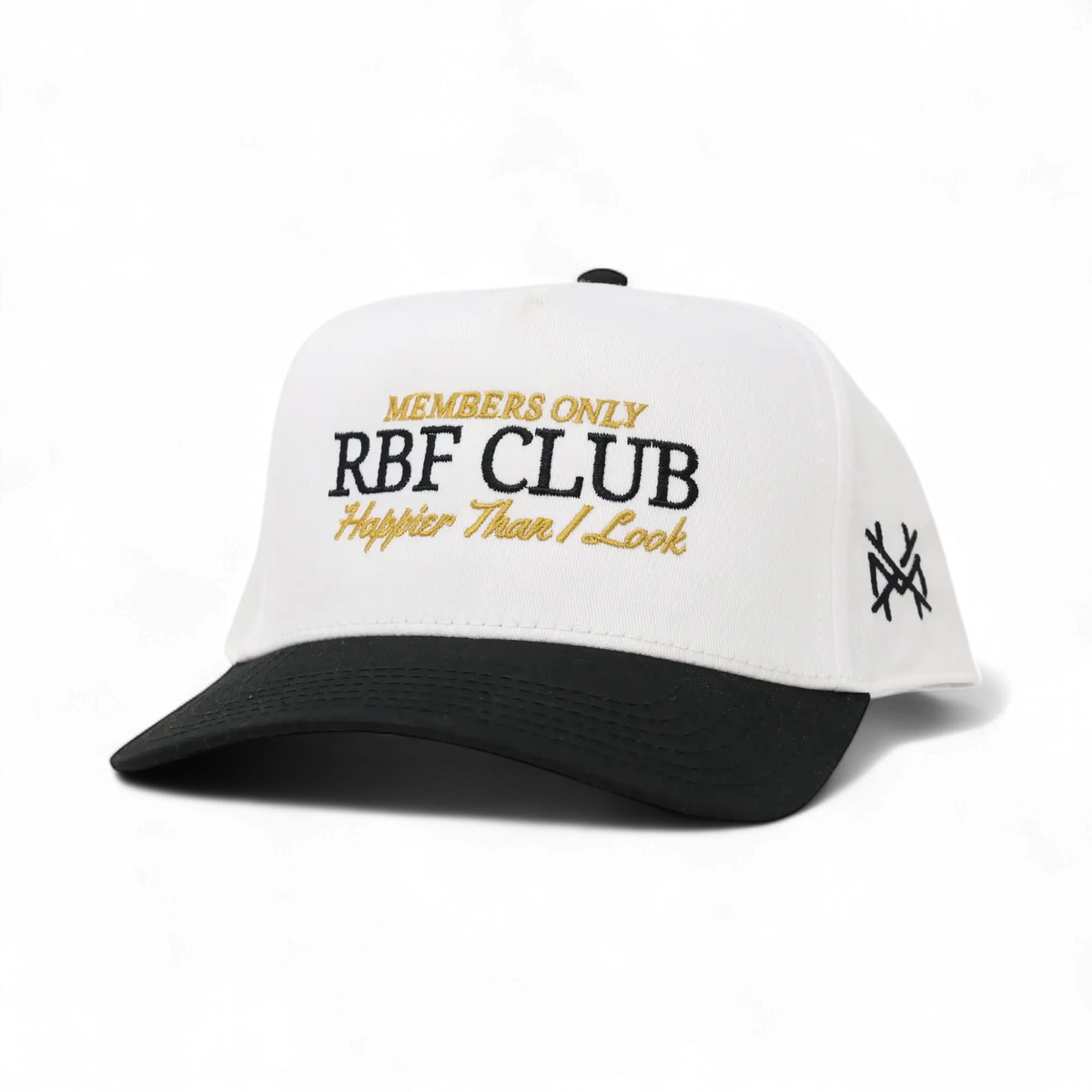 The Mad Hatter Company RBF Club Snapback Hat, white front with a black bill and yellow RBF Club lettering