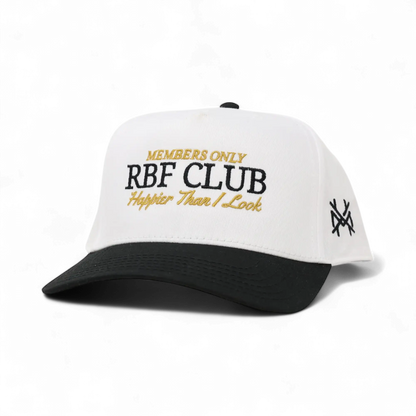 The Mad Hatter Company RBF Club Snapback Hat, white front with a black bill and yellow RBF Club lettering