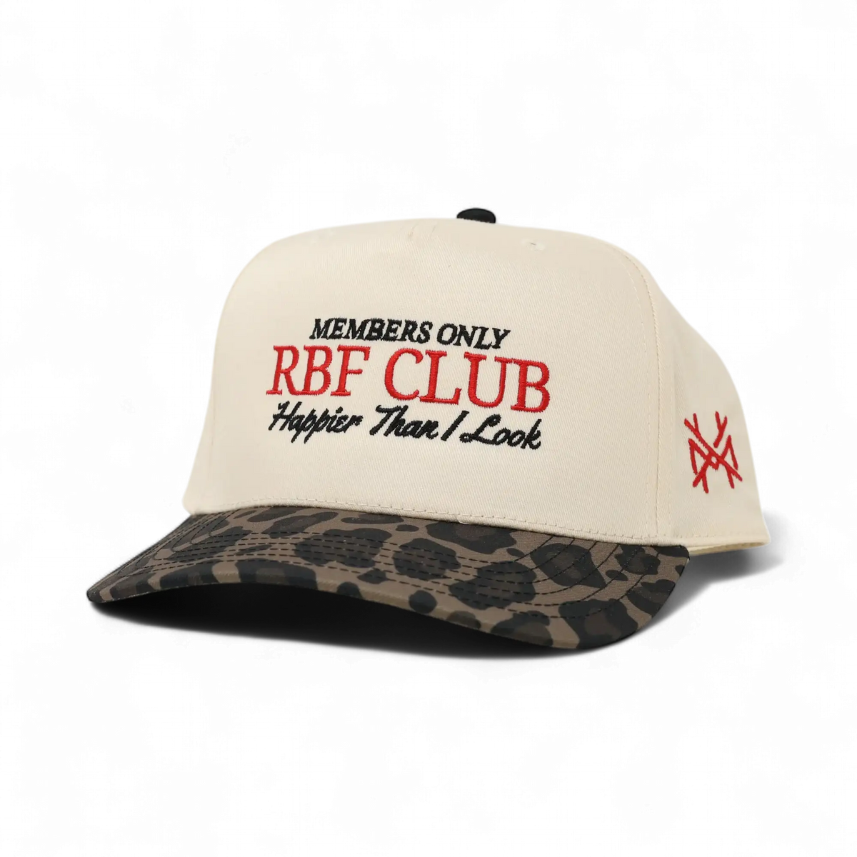 The Mad Hatter Company RBF Club Snapback Hat, natural crown with a leopard bill and red RBF Club lettering