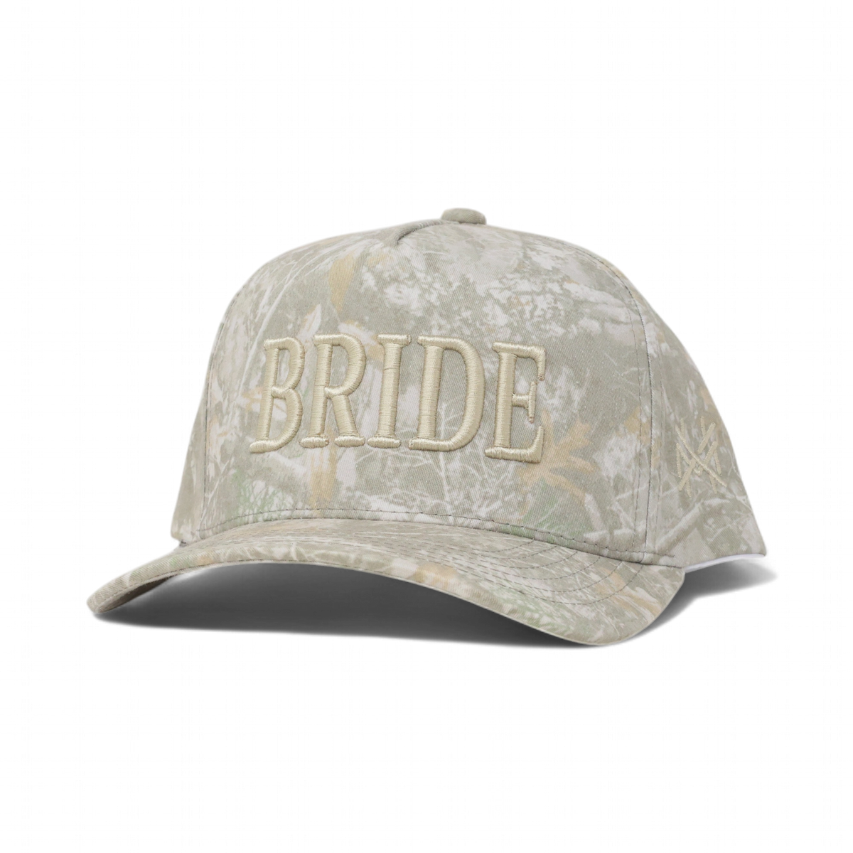 The Mad Hatter Company Bride Snapback Hat, light camouflage cap with raised Bride lettering