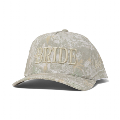 The Mad Hatter Company Bride Snapback Hat, light camouflage cap with raised Bride lettering