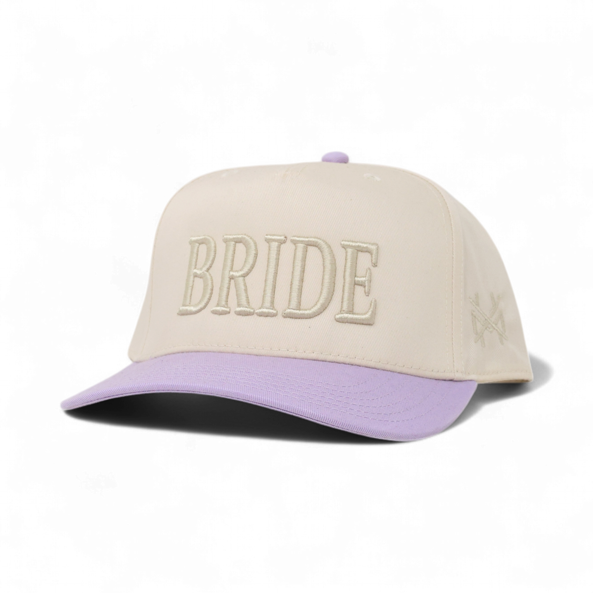 The Mad Hatter Company Bride Snapback Hat, natural crown with a lavender bill and Bride embroidery