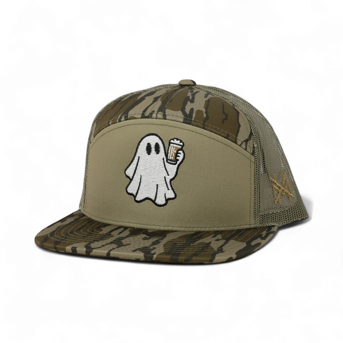 The Mad Hatter Company Boozy Trucker Hat, bottomland camouflage cap with ghost artwork, alternate angle