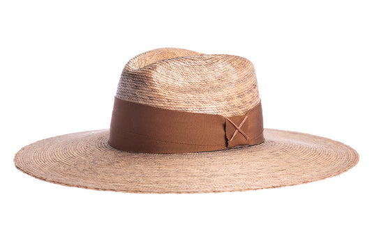 ASN Hats Riviera natural fedora hat, front angle showing the wide brim and brown band