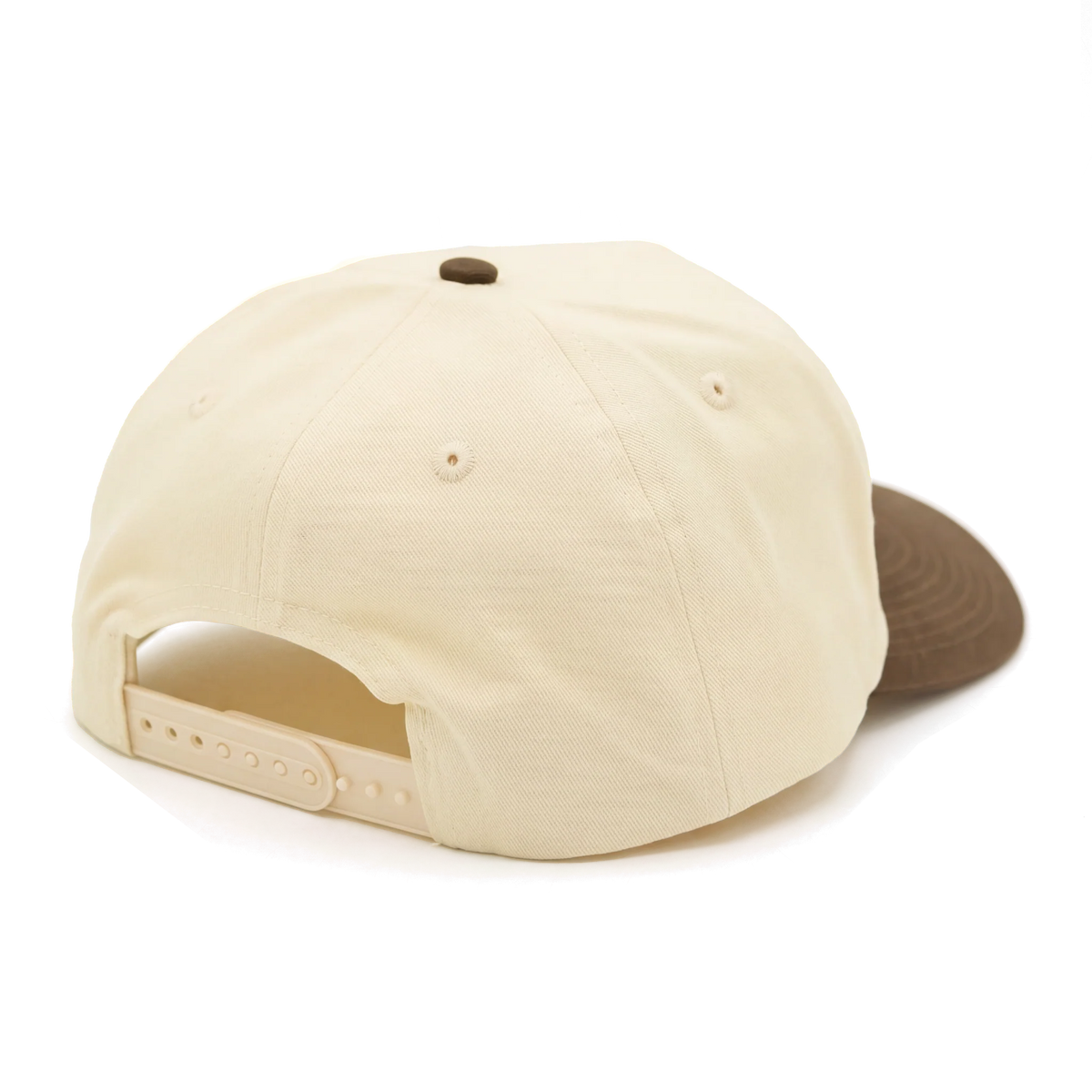 Rear view of the cream and brown Rattler Hat and adjustable closure