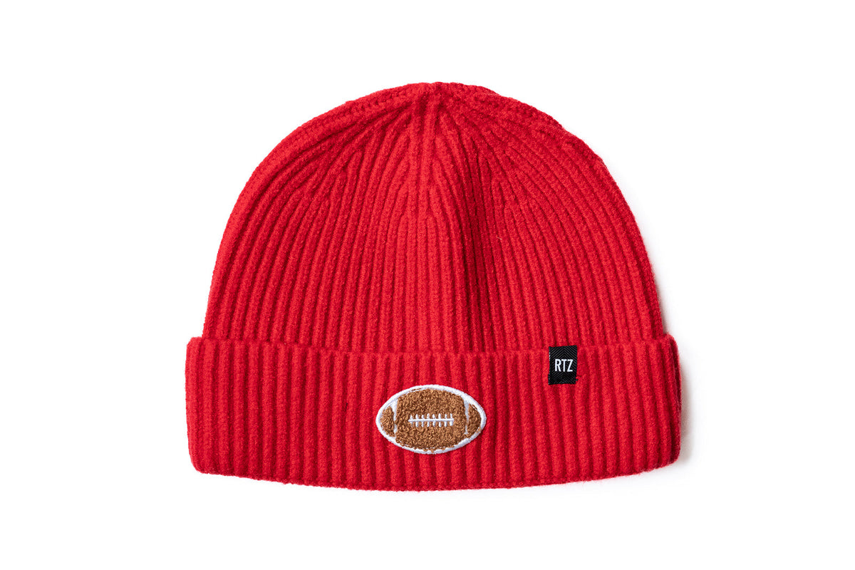 Rey To Z candy Apple ribbed beanie with a football patch on the cuff