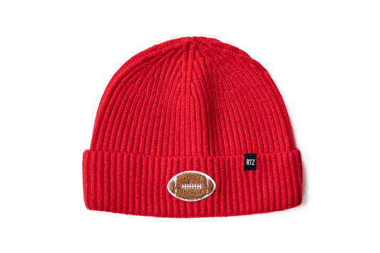 Rey To Z candy Apple ribbed beanie with a football patch on the cuff