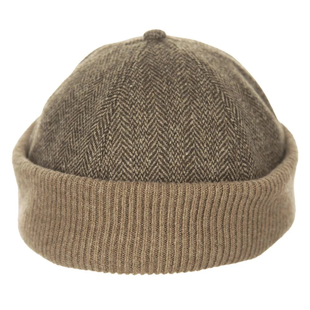 Scala Koitz wool blend beanie in Brown showing the herringbone weave and folded cuff