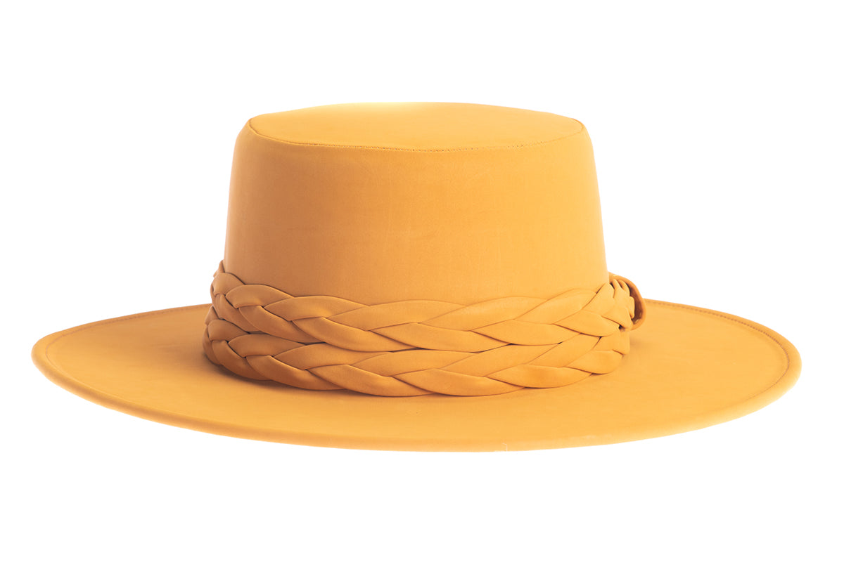 ASN Hats Sunflower yellow boater hat, front angle showing the crown and brim