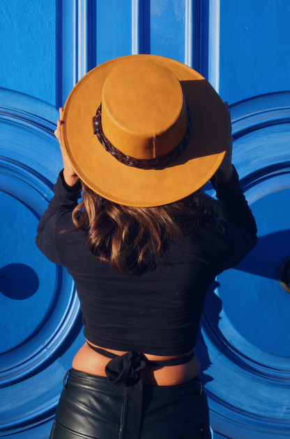 ASN Hats Tortoise - Mustard mustard brown boater hat, overhead view of the hat worn by a model