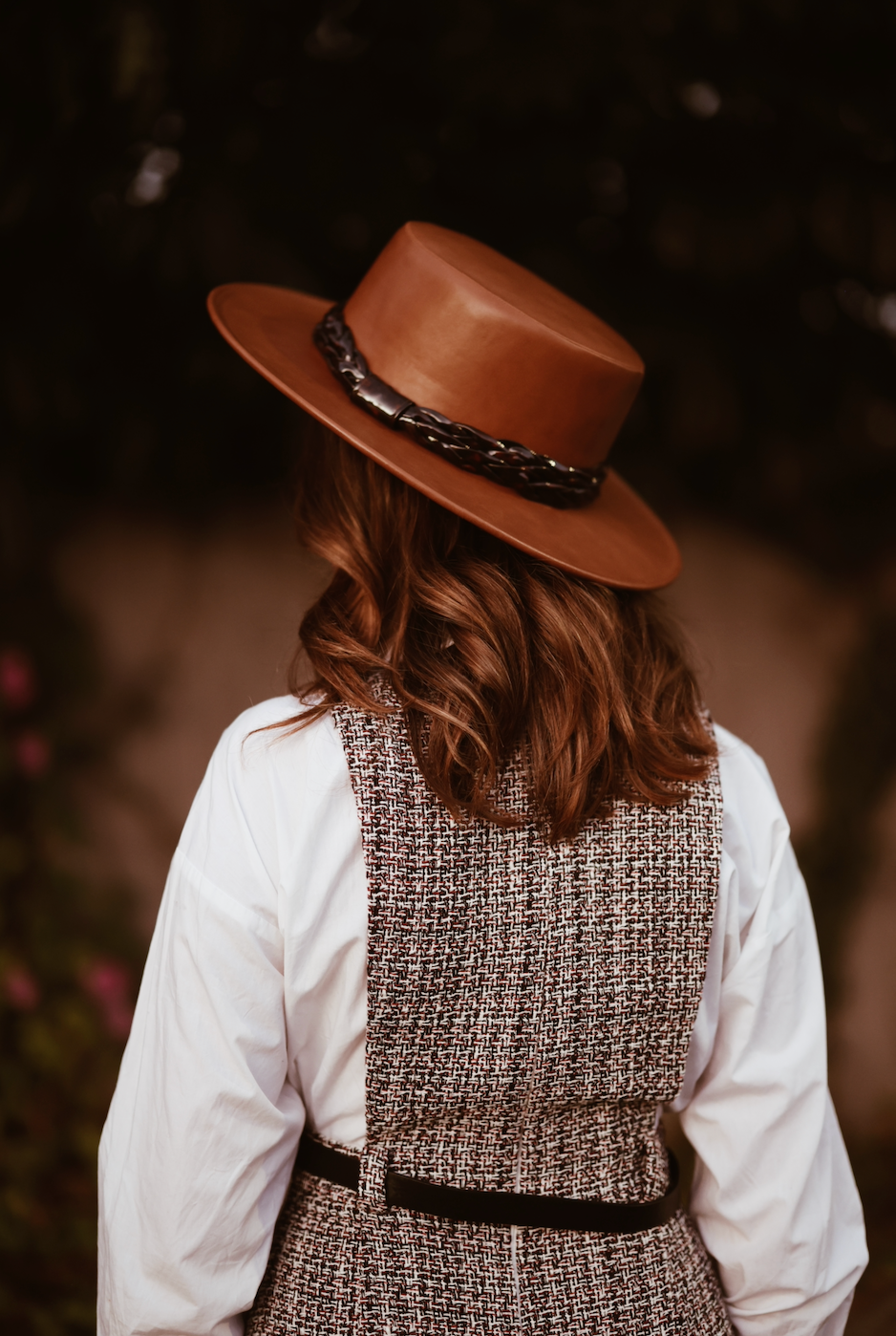 ASN Hats Tortoise - Tan tan brown boater hat, rear view on a model outdoors
