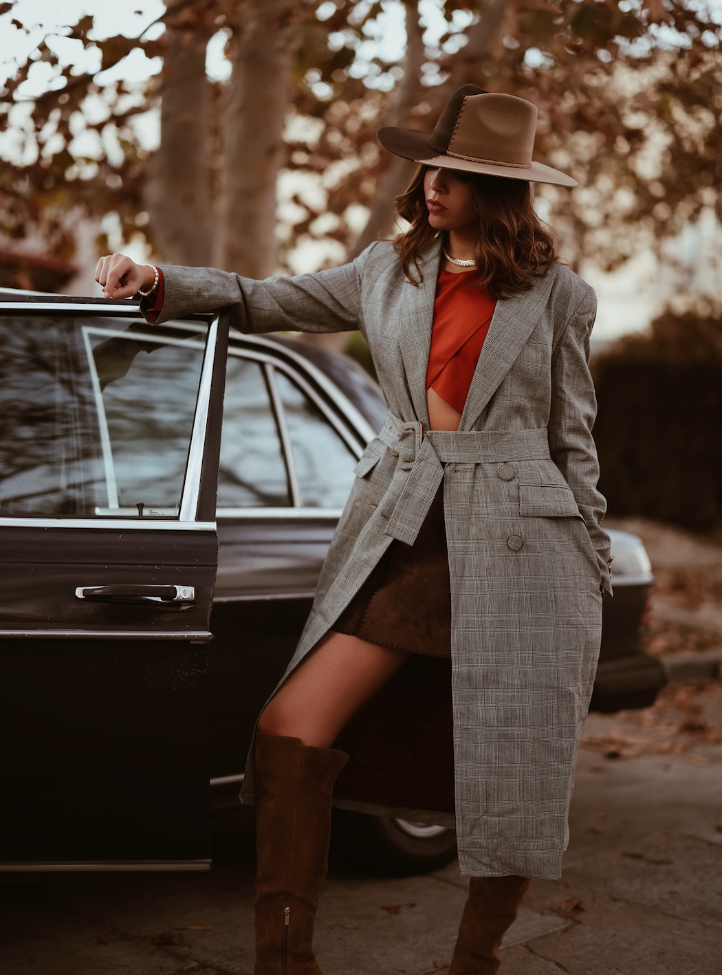 ASN Hats Cruel Intentions - Brown & Tan brown and tan fedora hat, styled with a red blouse and tall boots