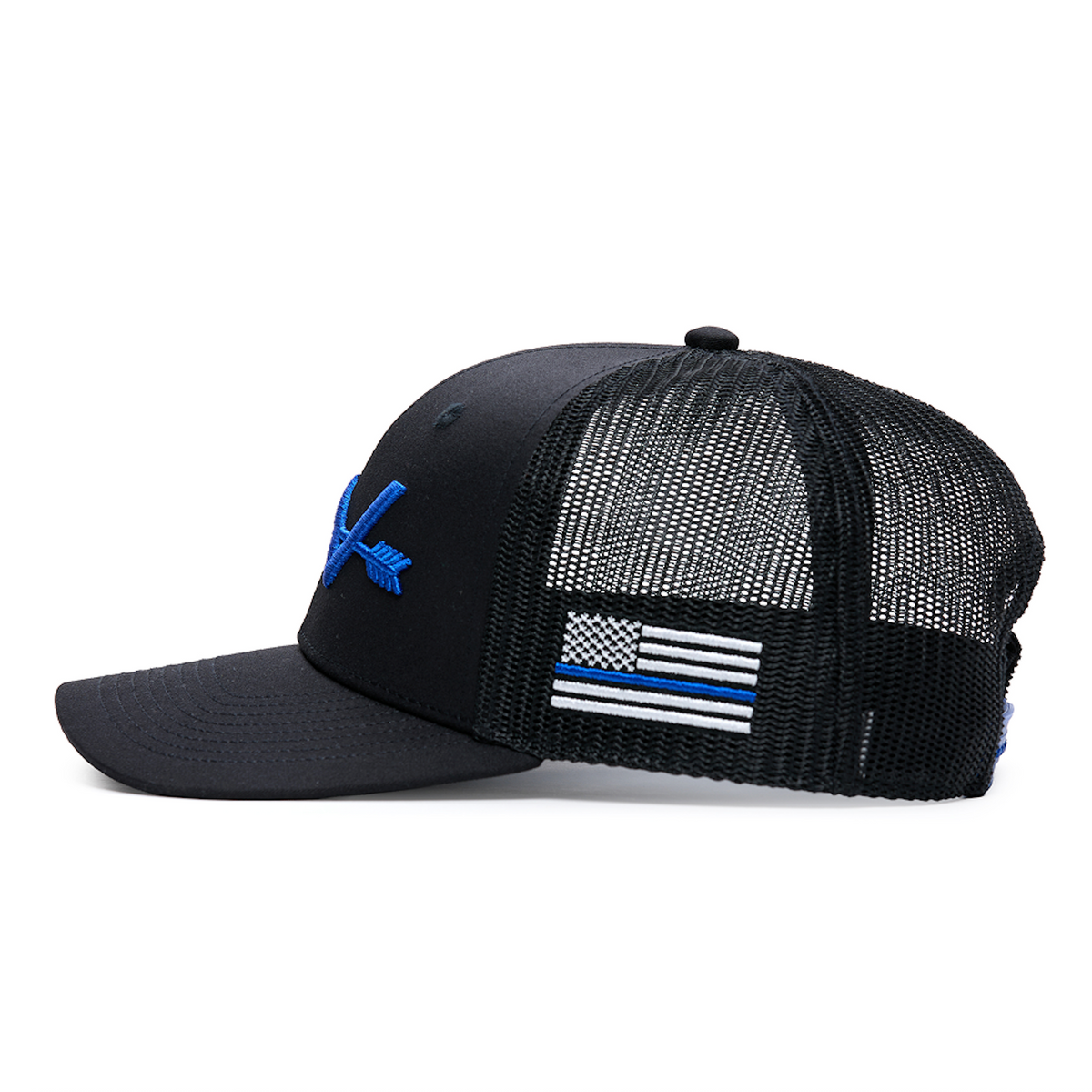 Webb Western Blue Line cap, side profile showing the mesh back and brim