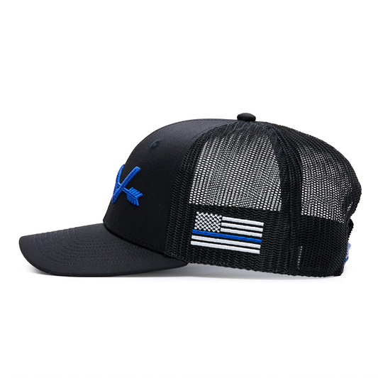 Webb Western Blue Line cap, side profile showing the mesh back and brim