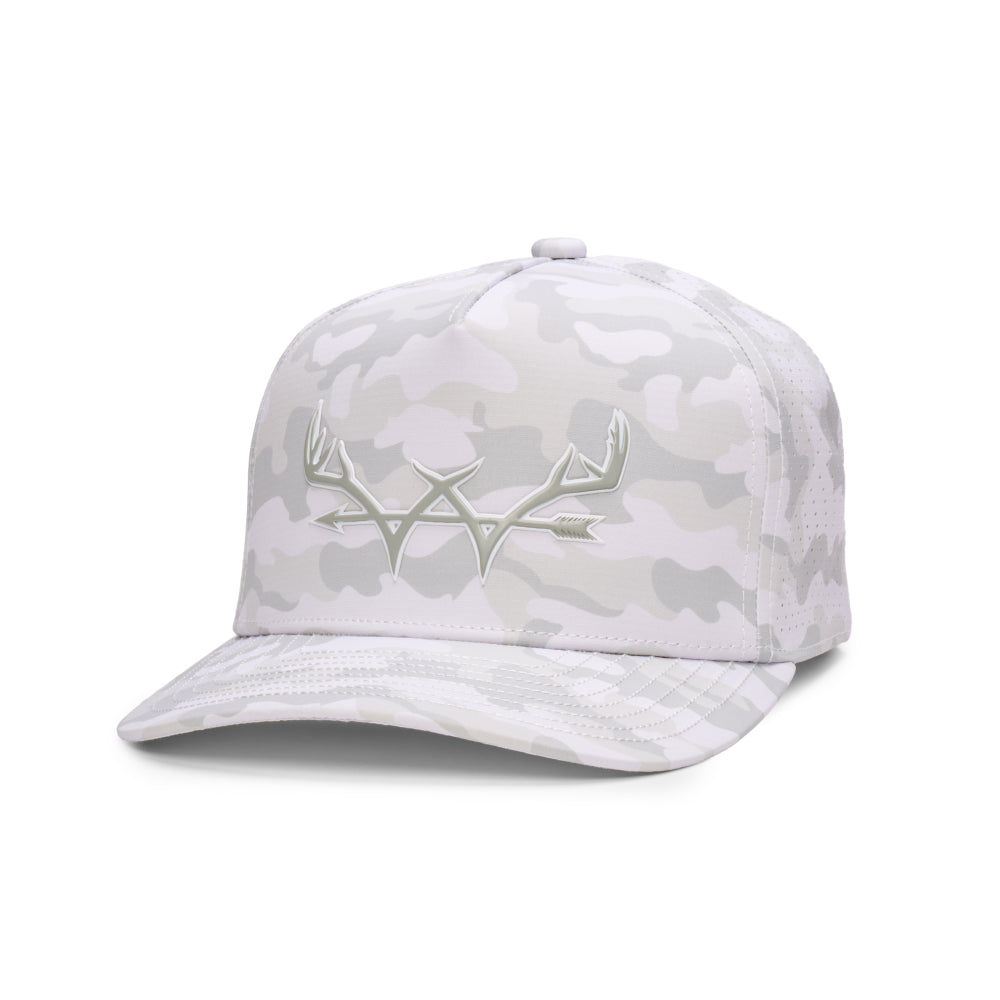 Webb Western Snow Camo cap, angled front showing the crown design and brim
