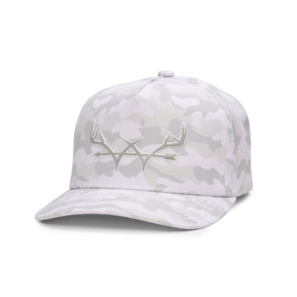 Webb Western Snow Camo cap, angled front showing the crown design and brim
