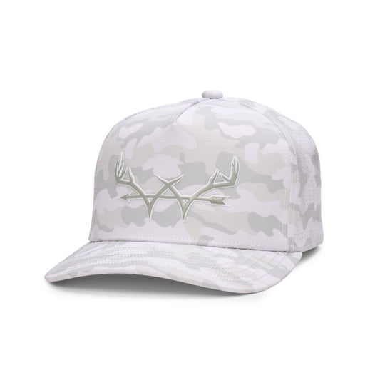 Webb Western Snow Camo cap, angled front showing the crown design and brim