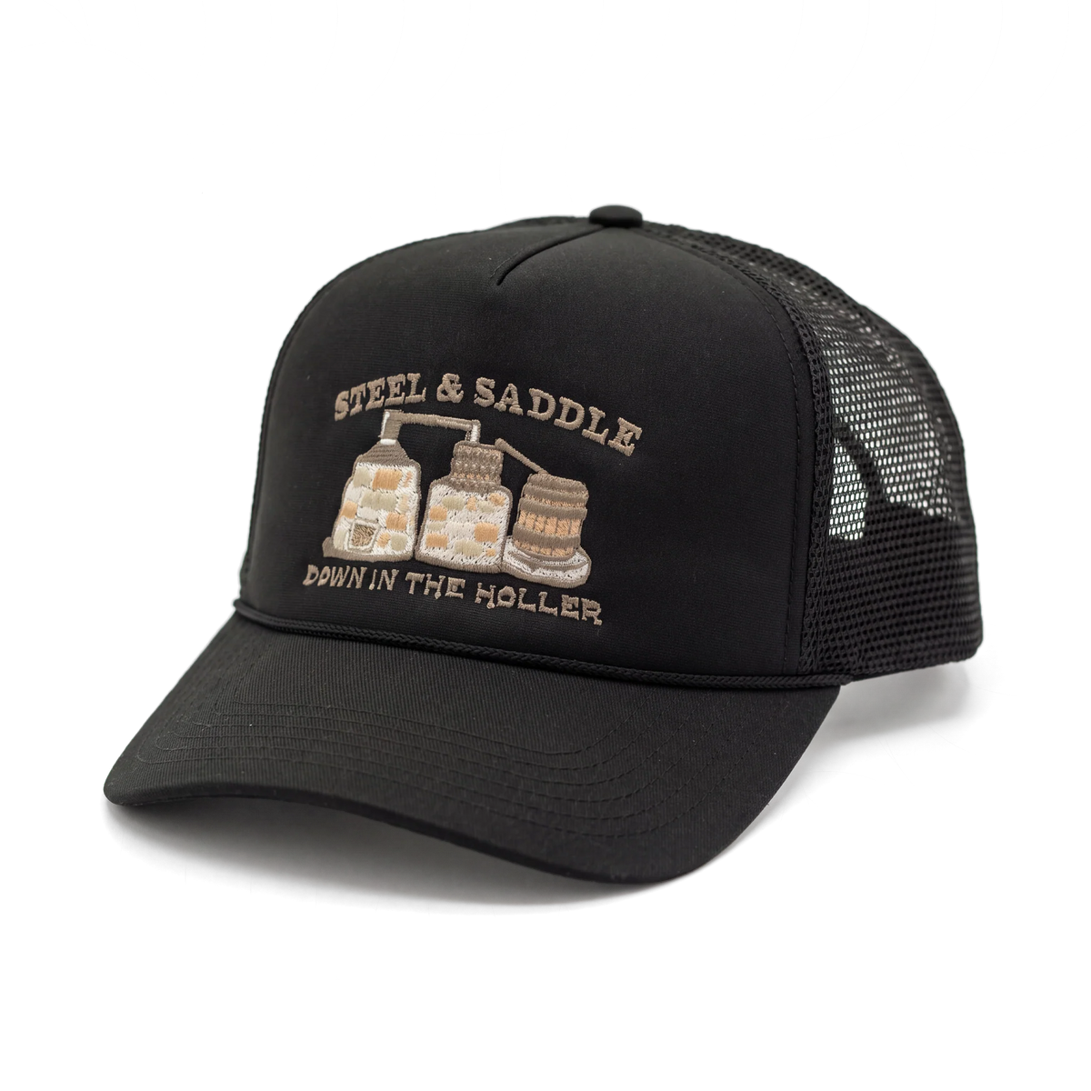 Steel & Saddle black Stillhouse trucker cap with brown embroidered artwork
