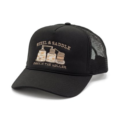 Steel & Saddle black Stillhouse trucker cap with brown embroidered artwork