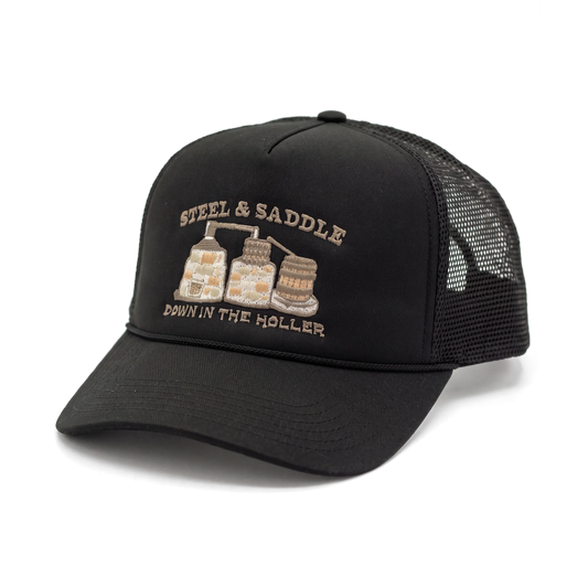 Steel & Saddle black Stillhouse trucker cap with brown embroidered artwork