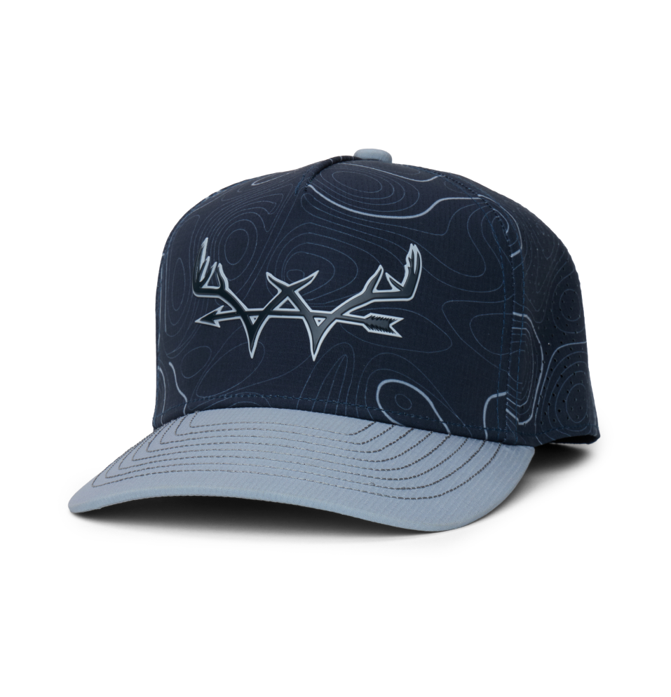Webb Western Topo Camo (black/gray) cap, angled front showing the crown design and brim