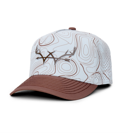 Webb Western Topo Camo (cream/brown) cap, angled front showing the crown design and brim